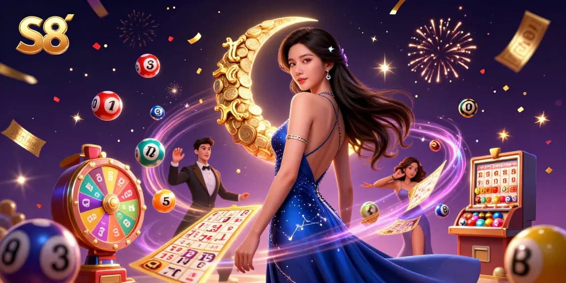 S8 casino experience with an elegant Asian dealer surrounded by vibrant lottery elements, creating action-packed gaming.
