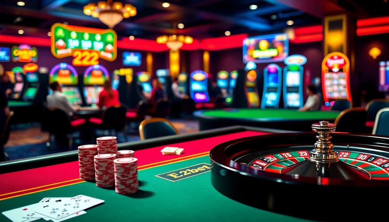 E2bet showcases an engaging casino scene with poker chips, roulette, and lively betting.