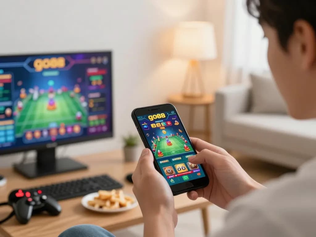 Player enjoying a go88 game on smartphone in cozy living room setting.