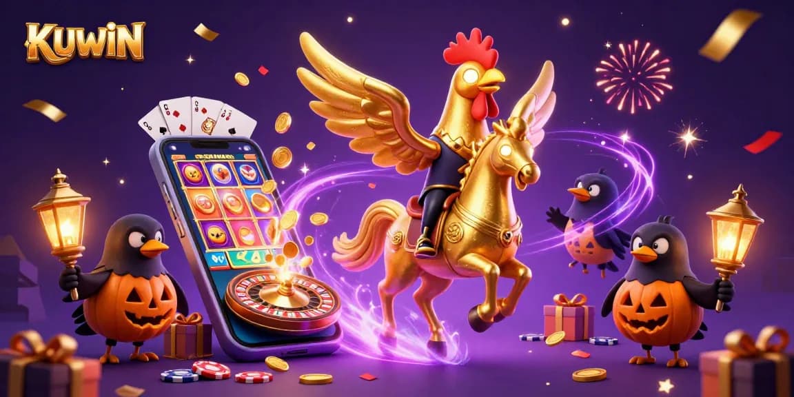 Engage with KUWIN's vibrant casino scene featuring a golden rooster and exciting game elements for thrilling action.
