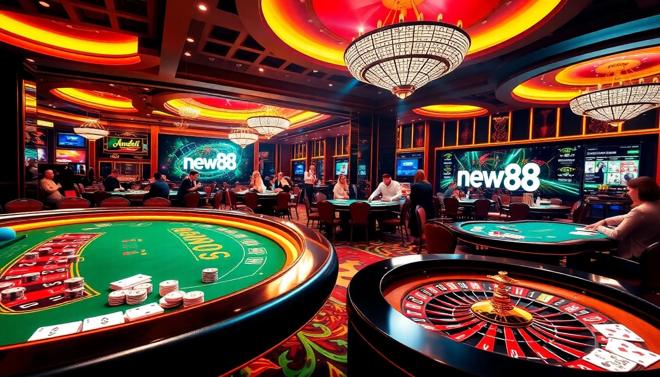 Gamble with excitement at new88 in this luxurious casino scene featuring poker tables and roulette.