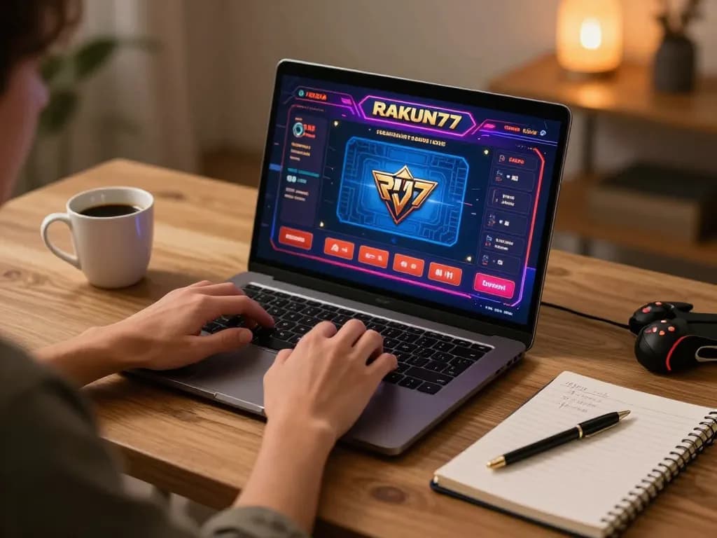 Pemain RAKUN77 berinteraksi dengan antarmuka permainan kasino online dalam pengaturan rumah yang nyaman