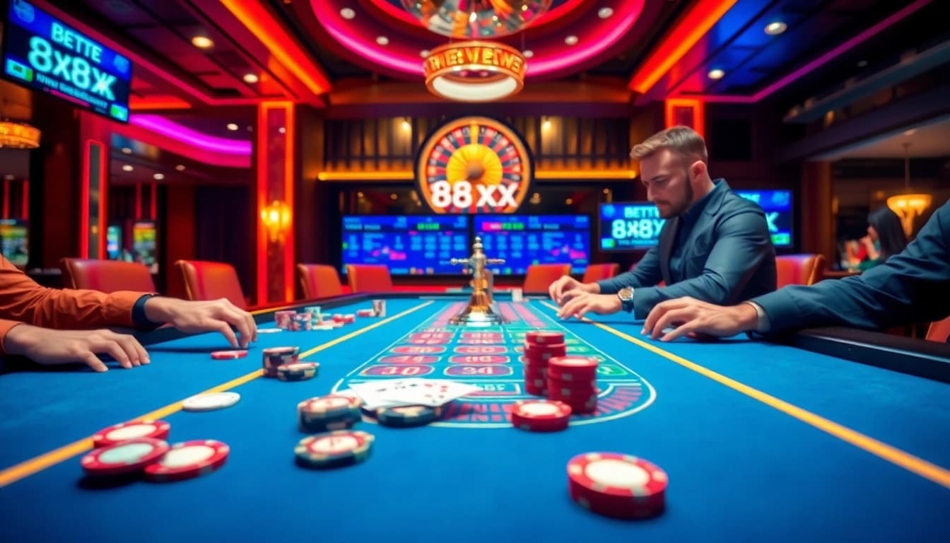 Betting at a vibrant casino table with the keyword 88xx featured in the action.