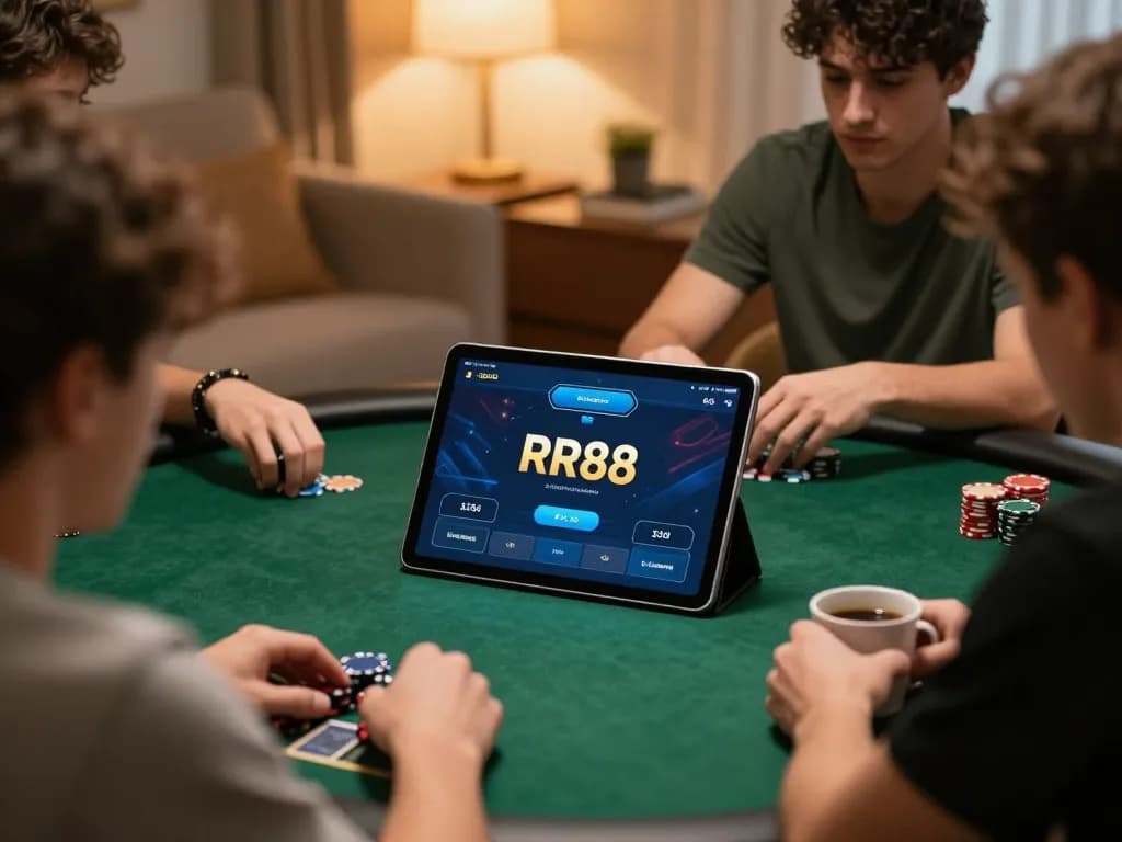 Engage in online poker at https://rr88.navy/, showcasing the tablet interface and cozy home setting.