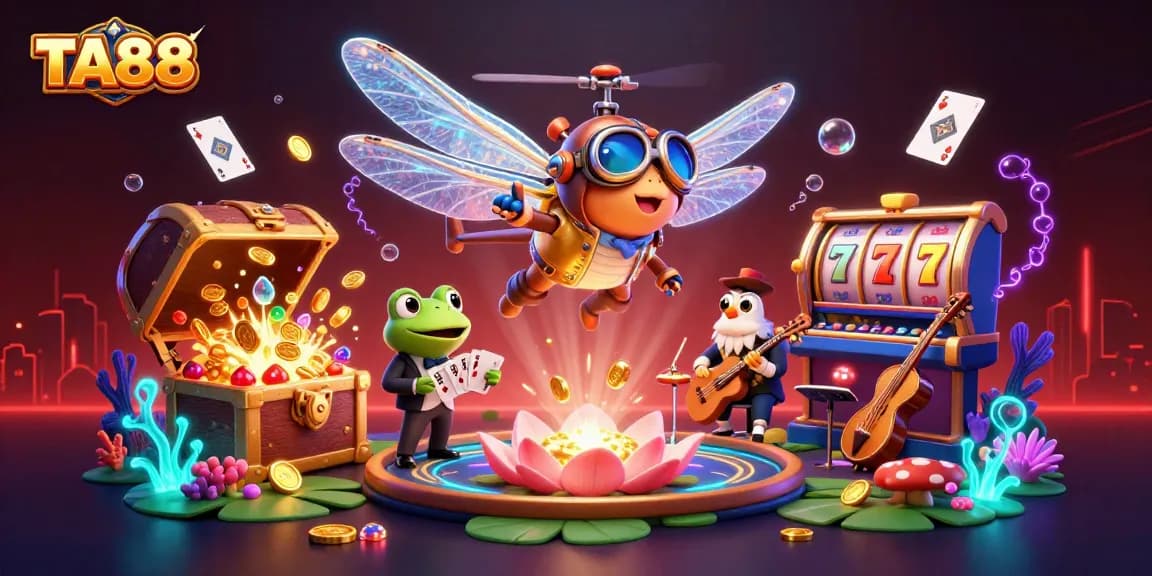 Experience TA88's vibrant casino scene with a dragonfly pilot and frog croupier amidst dynamic gaming elements.