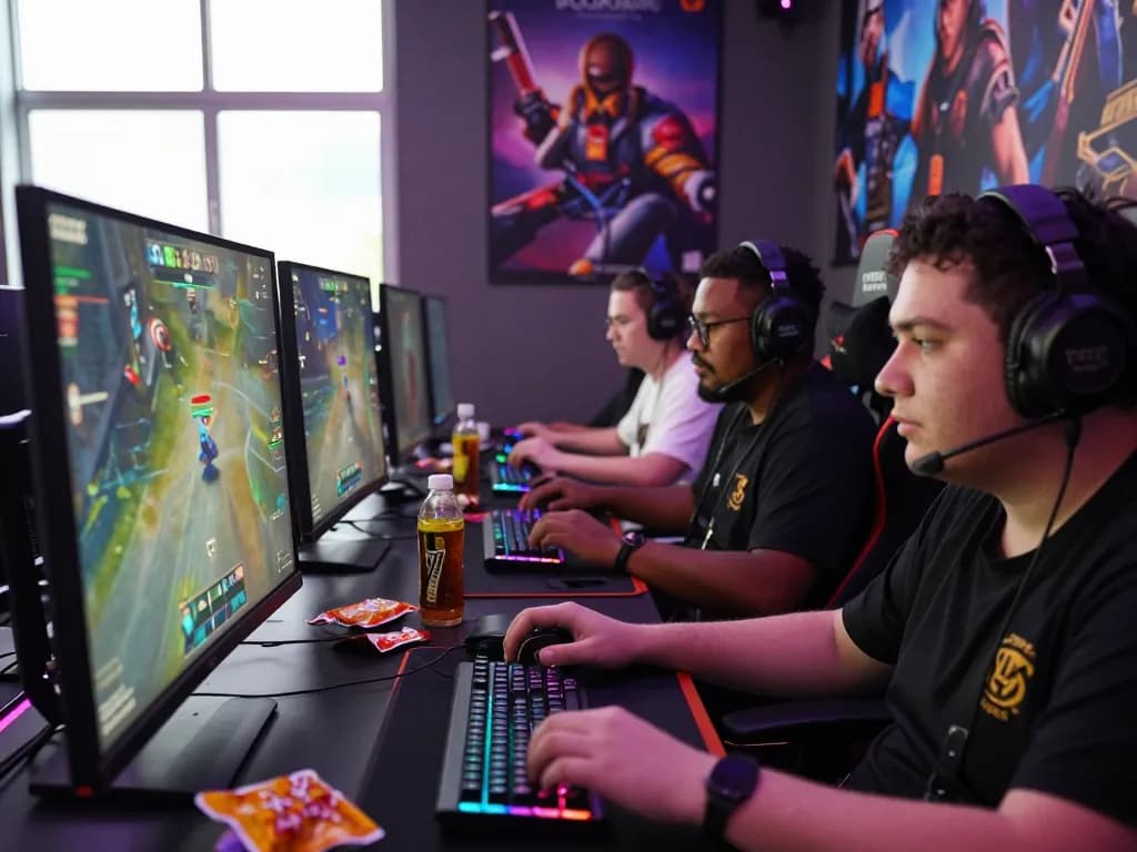 Intense GG88 esports gaming scene with focused players in dynamic action, showcasing high-tech setups and vibrant atmosphere.
