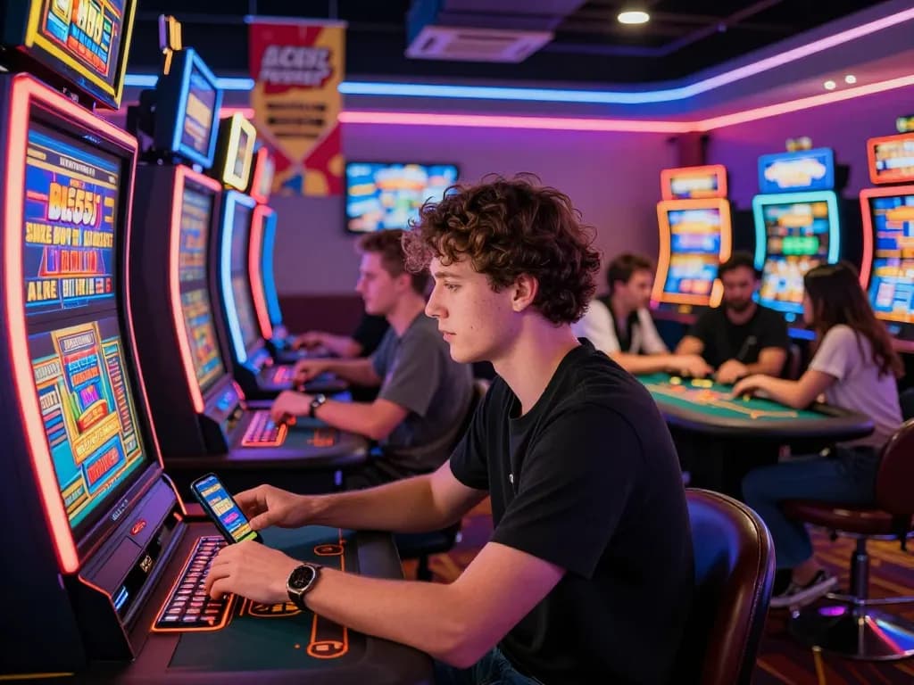 Exciting gaming atmosphere at BL555 casino with vibrant slot machines and friends discussing strategies.