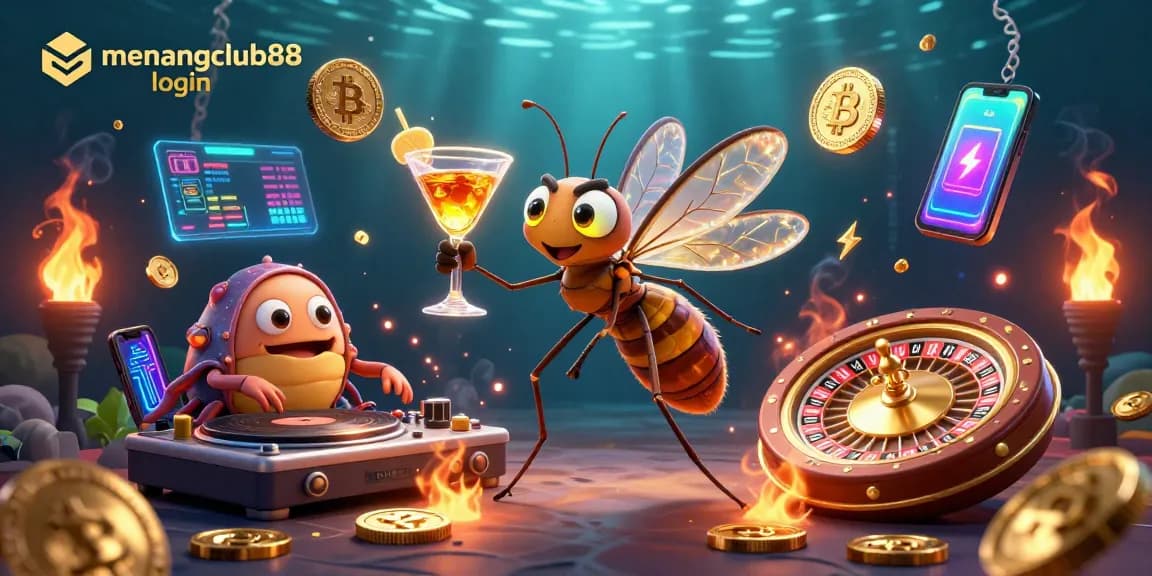 Experience excitement with menangclub88 login in a vibrant 3D casino scene featuring crypto elements.