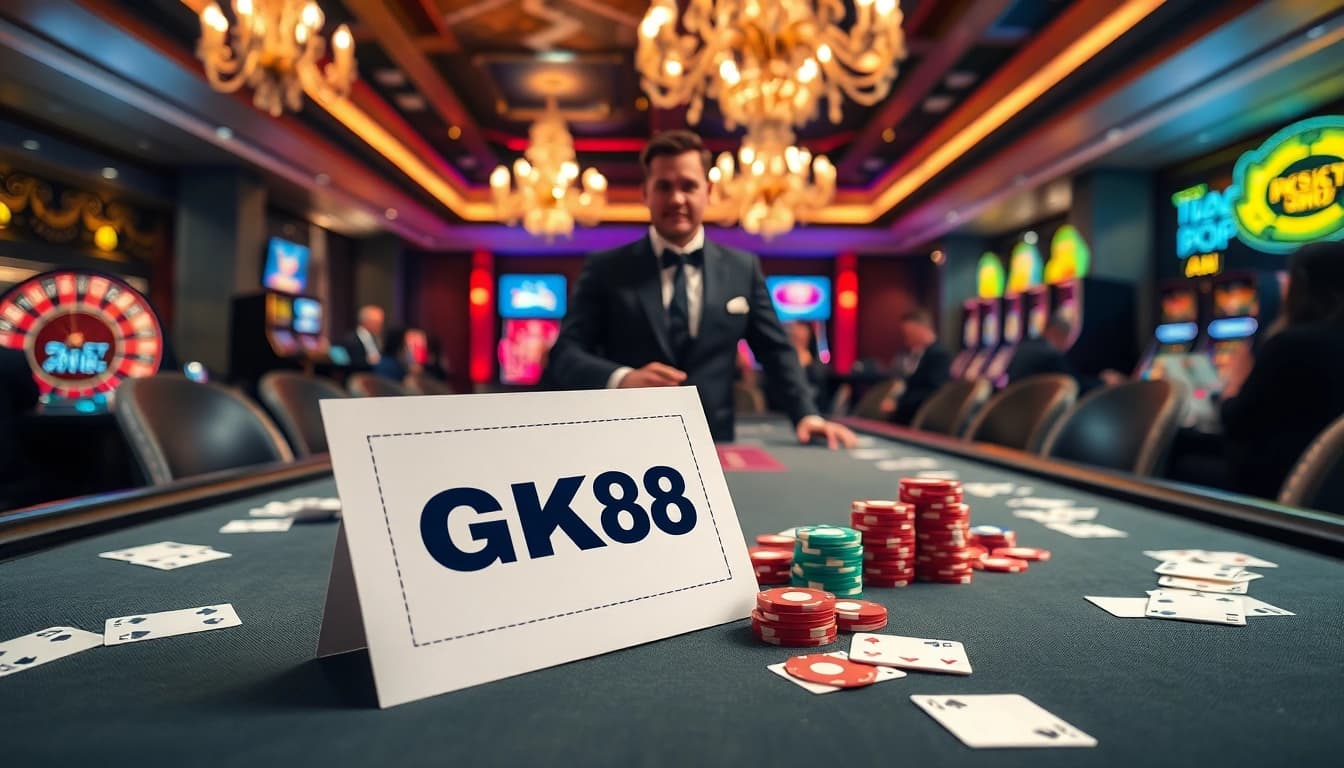 Experience the luxury of GK88 with vibrant gaming elements in a classy casino setting.