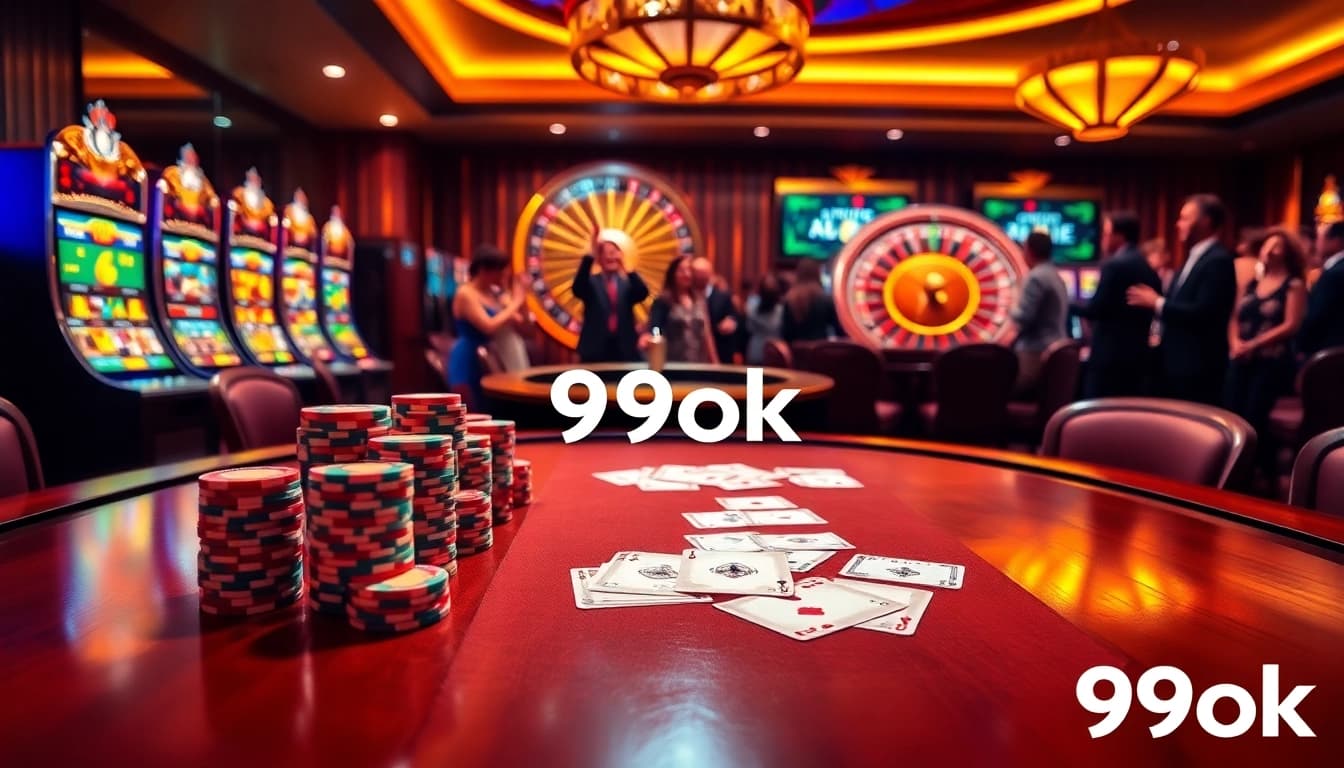 Players engaging in a thrilling poker game at 99ok casino, surrounded by vibrant gaming elements.