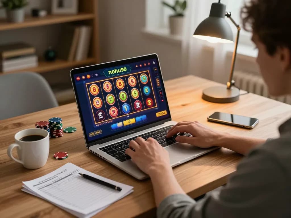 Nohu90 player engaging with online slots and table games from a cozy home setup, emphasizing strategic gameplay.