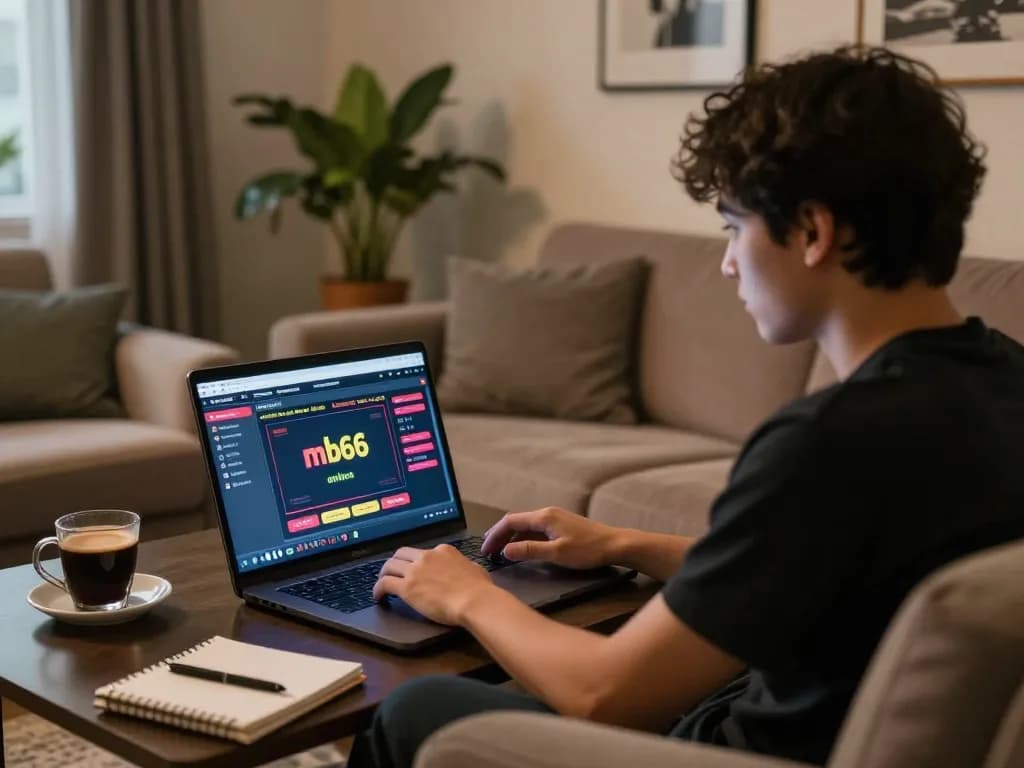 Online gambling experience at nhà cái mb66 with a player engaged on a laptop.