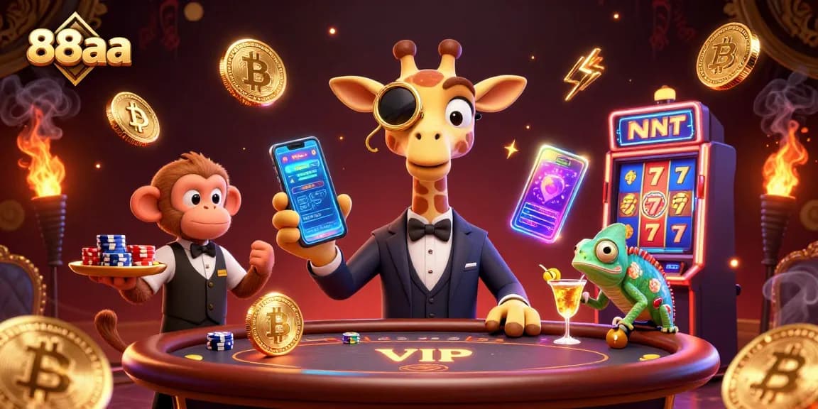 Engage with 88aa's vibrant casino scene showcasing a giraffe at the poker table amid dazzling game elements.