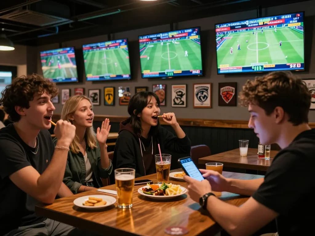 Engaged patrons enjoying sports betting at a vibrant venue, exploring liên minh okwin for betting strategies.
