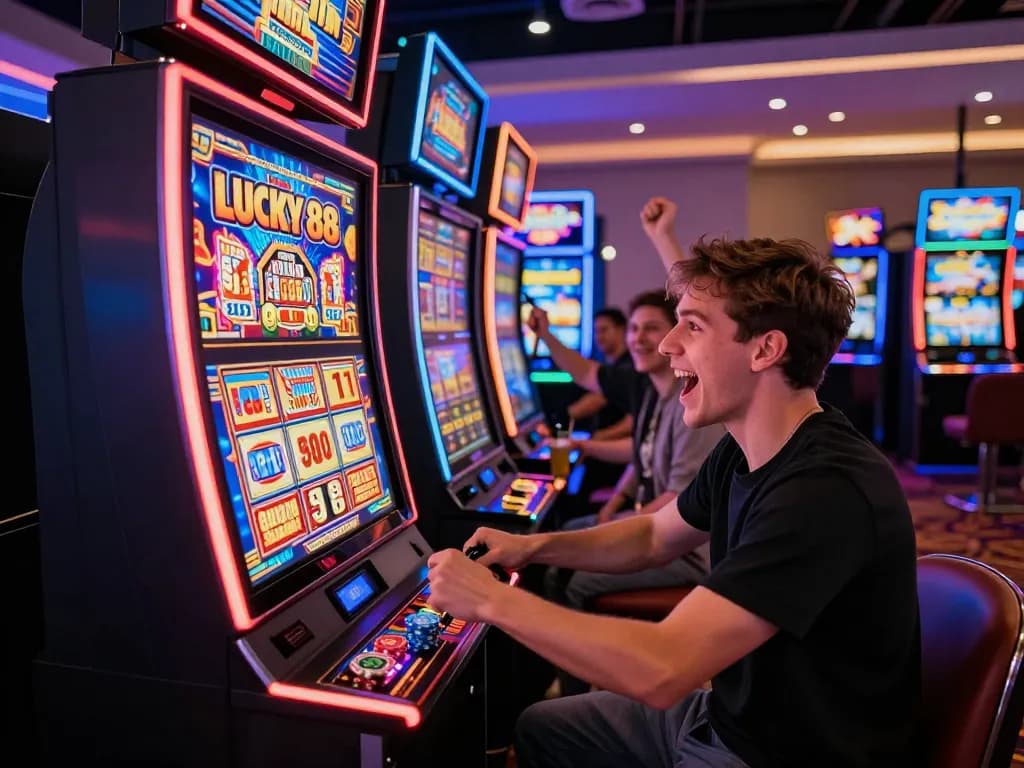 Excited player engaging with the Lucky 88 slot machine, vibrant casino atmosphere.