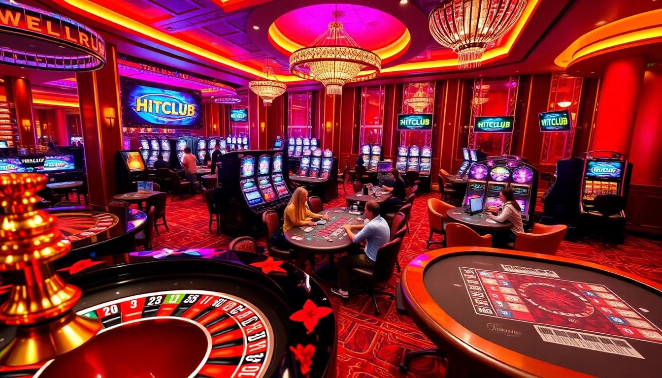 HITCLUB showcases an exciting casino scene with vibrant roulette wheels and engaged poker players.