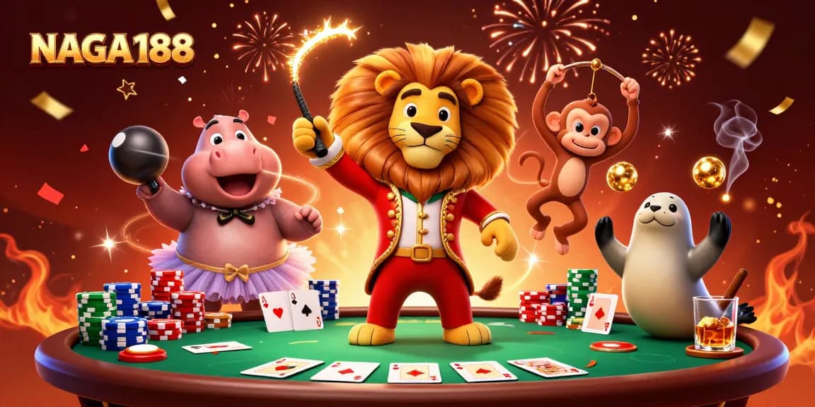 NAGA188 menghadirkan suasana kasino dengan singa penampil dan karakter lucu, saat bermain poker dan tren taruhan menarik.