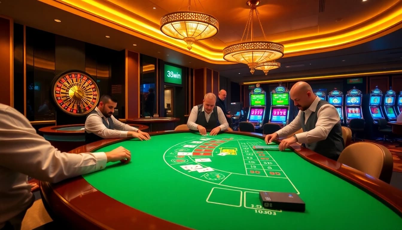 A vibrant casino scene showcasing players enjoying games at 33win, featuring a roulette wheel and slot machines.