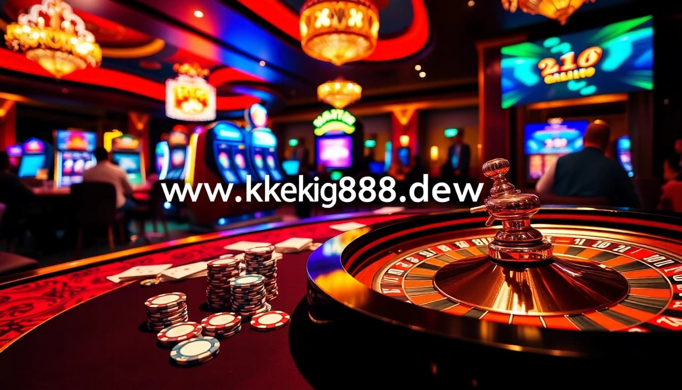 Experience excitement at https://king888.dev/ with vibrant casino elements, chips, cards, and roulette.