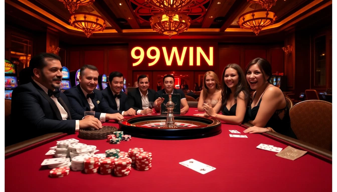 Engaged players enjoy the thrilling atmosphere of 99WIN casino with poker chips and a roulette wheel.