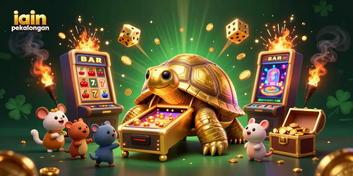 Engaging iain pekalongan 3D illustration of a golden tortoise casino scene, showcasing a jackpot slot theme.