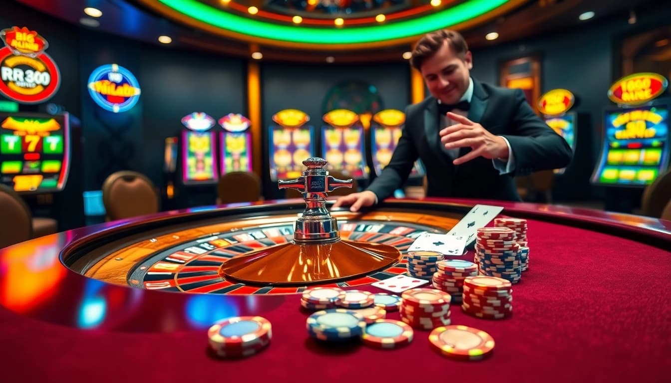 RR88 casino scene showcasing a thrilling poker game with vibrant chips and a roulette wheel.