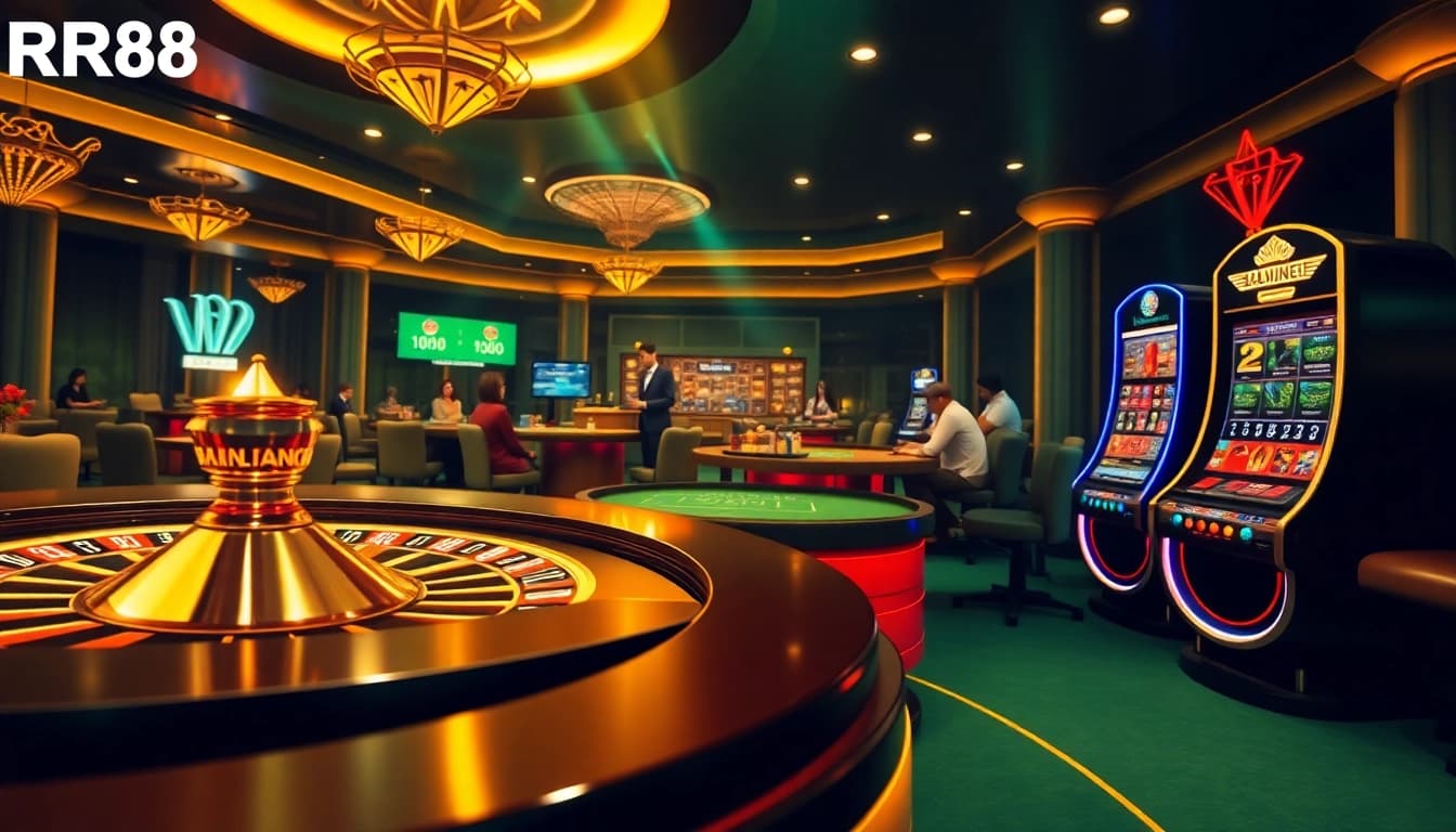 Experience the excitement of RR88 online gambling with vibrant casino elements and a luxurious atmosphere.