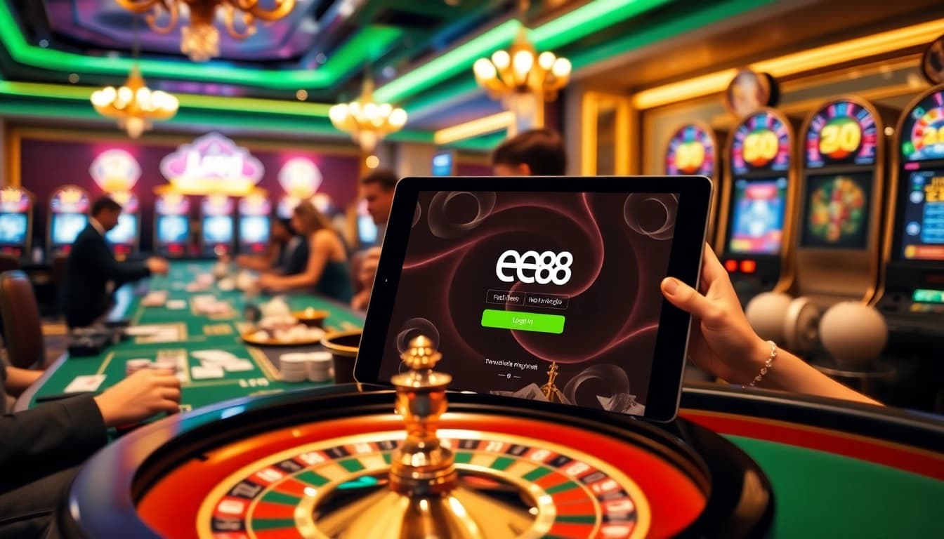Experience the thrill of gaming with ee88 link đăng nhập at a luxurious online casino, featuring vibrant slot machines and poker tables.