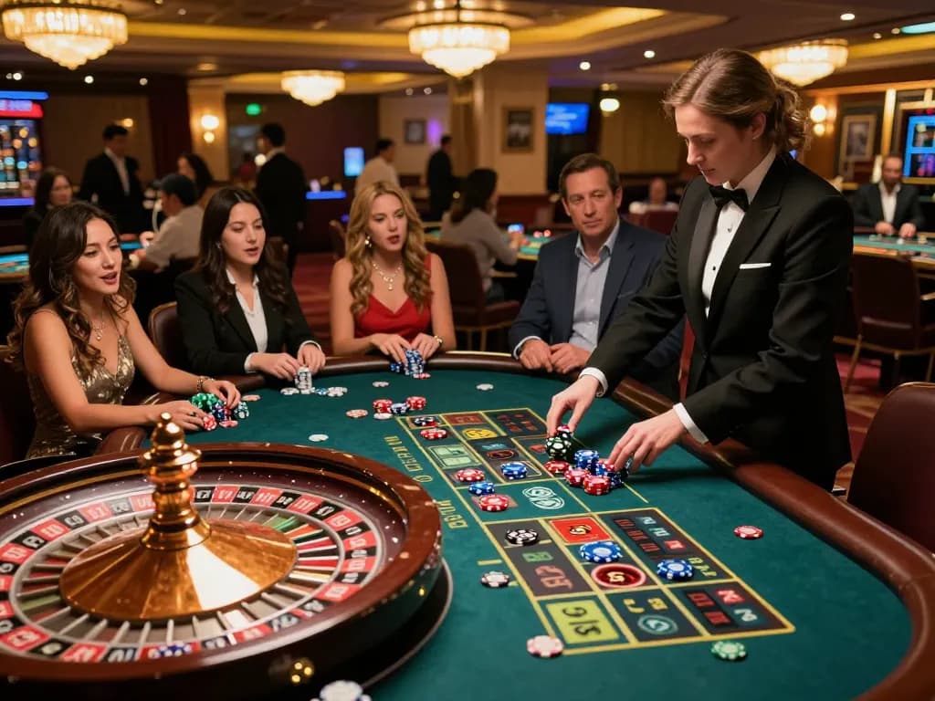 Pemain menikmati permainan roulette yang mendebarkan di TEPAT88, menampilkan chip yang berwarna-warni dan dealer yang menarik.