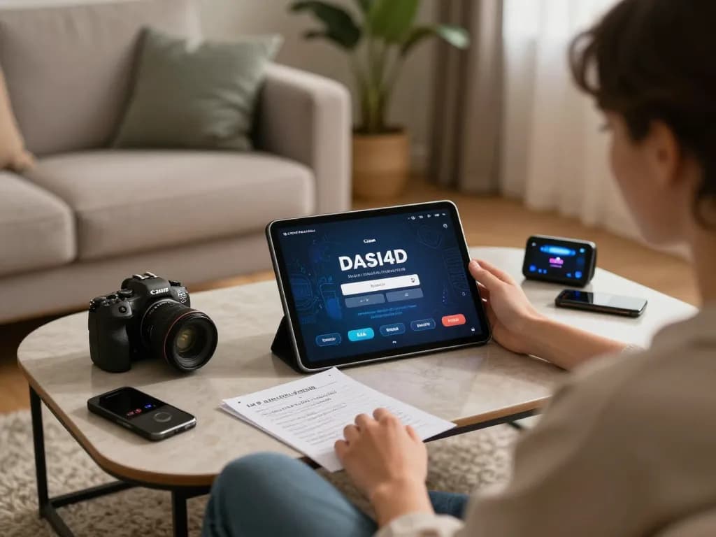Antarmuka login DASI4D ditampilkan di tablet dalam pengaturan permainan rumah yang nyaman, mempromosikan perjudian online yang bertanggung jawab.