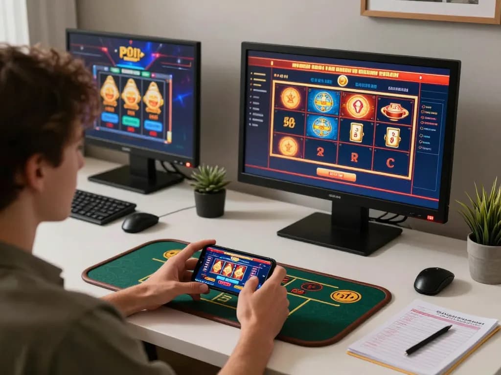 Player engaging with MM88 casino app on smartphone in a stylish home setup, showcasing responsible gaming