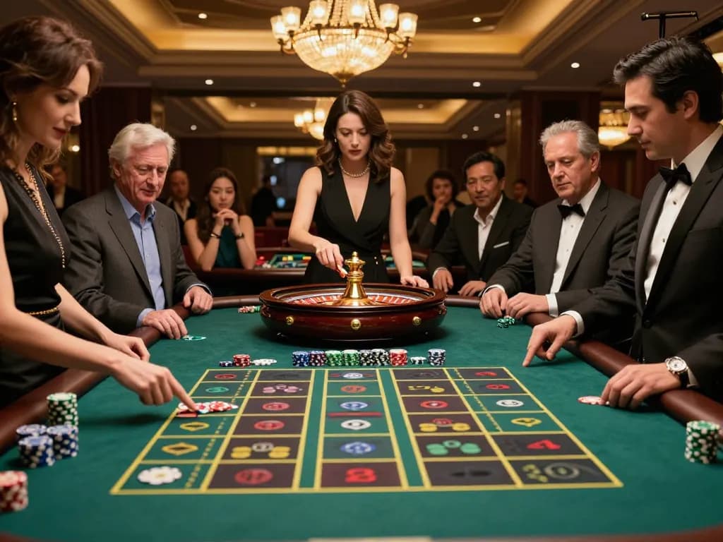 Players placing bets on roulette table at LC88 casino under warm ambient lighting