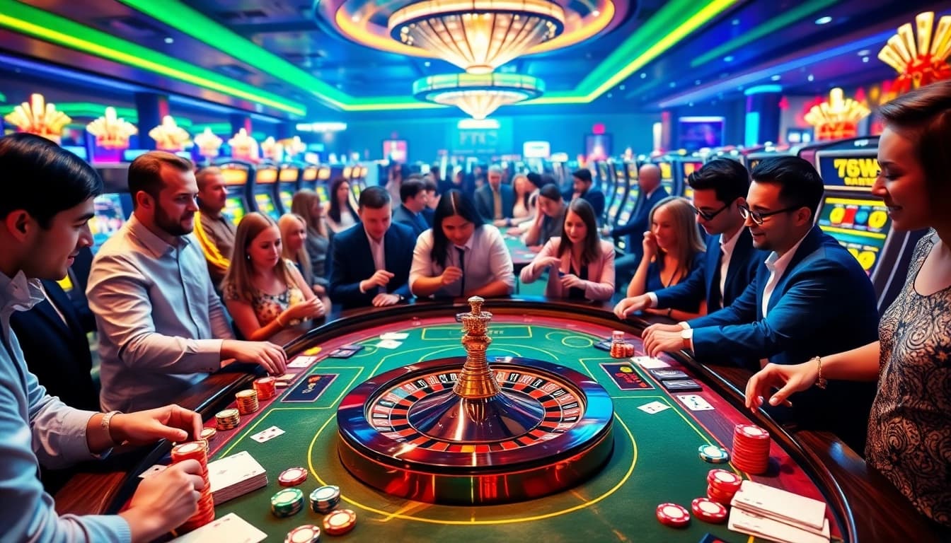 Exciting casino action at VSWIN with players engaging at roulette and card tables, showcasing vibrant gambling atmosphere.