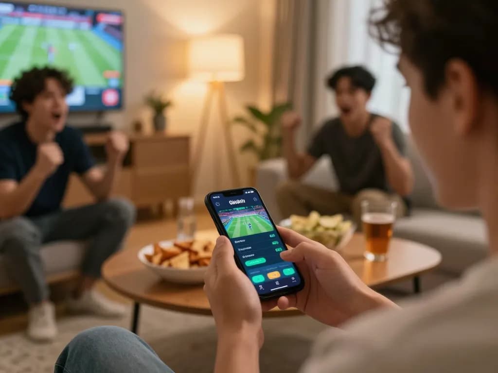 Engaging in Okwintv sports betting on smartphone, showcasing an exciting home gaming atmosphere.