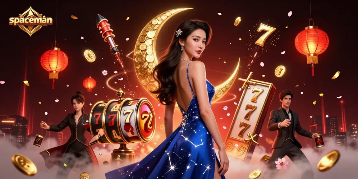 Play the Spaceman slot with colorful visuals and engaging slot reels in a dynamic casino scene.