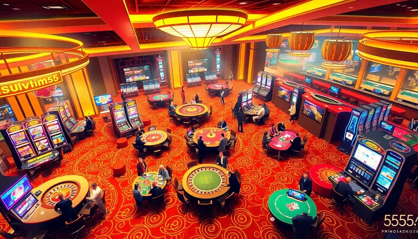 Experience the thrilling atmosphere of 55win55 casino with vibrant gaming tables and excited players.