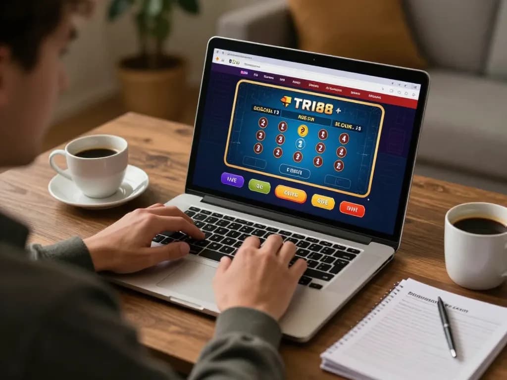 Gambler using TR88 online casino interface on laptop during home gaming session.