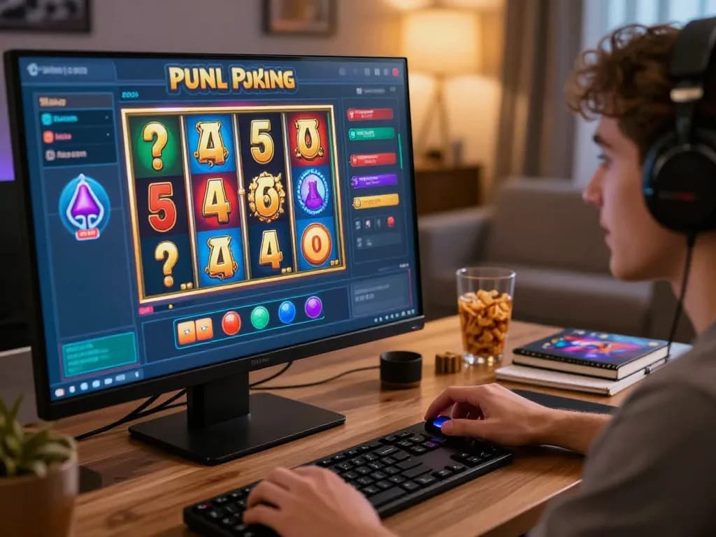 Pemain memutar gulungan berwarna-warni di permainan slot online Bintangmpo dalam suasana rumah yang nyaman