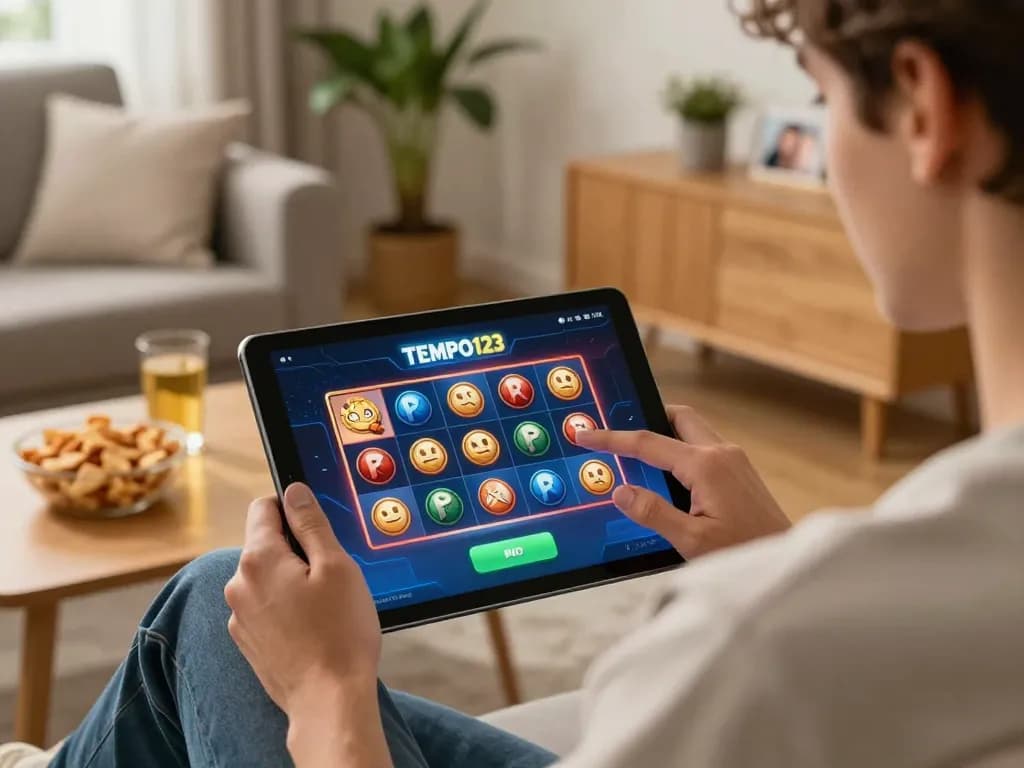 Engaging with the Tempo123 slot app on a tablet in a cozy living room setting.
