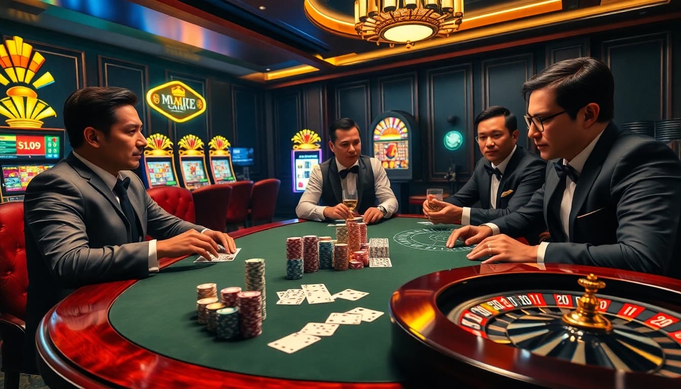 Kèo Nhà Cái 5 engaging players at an upscale poker table surrounded by vibrant casino elements.