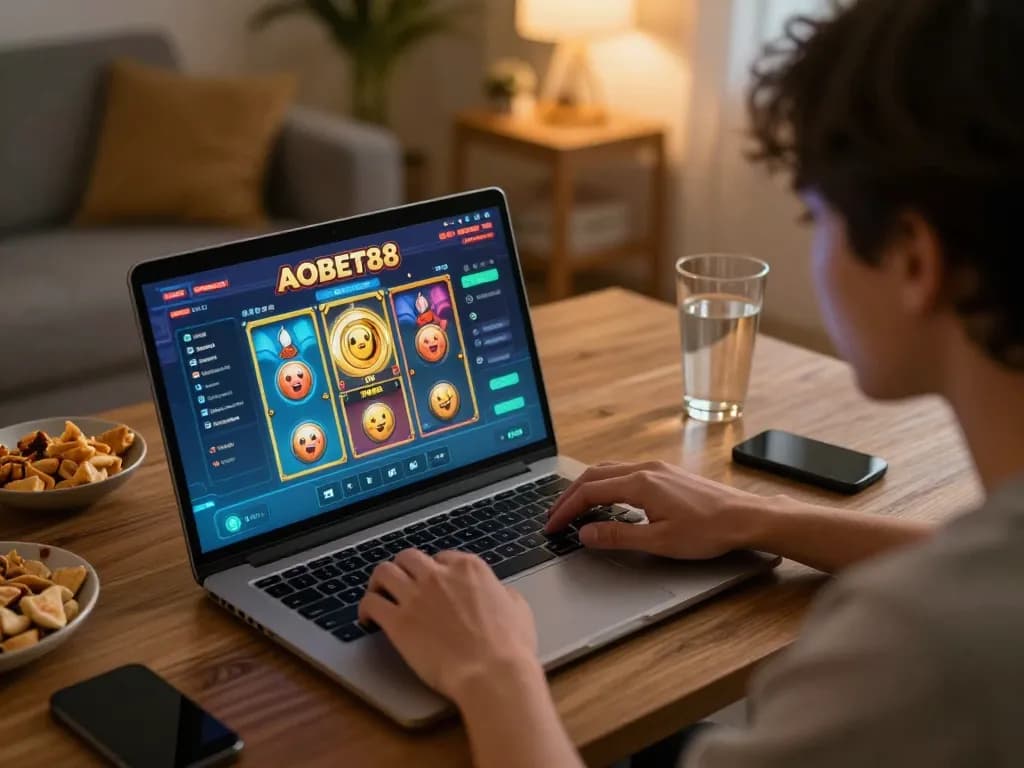 Engaging moment of online gaming with ADOBET88 slot interface highlighted, cozy home environment.