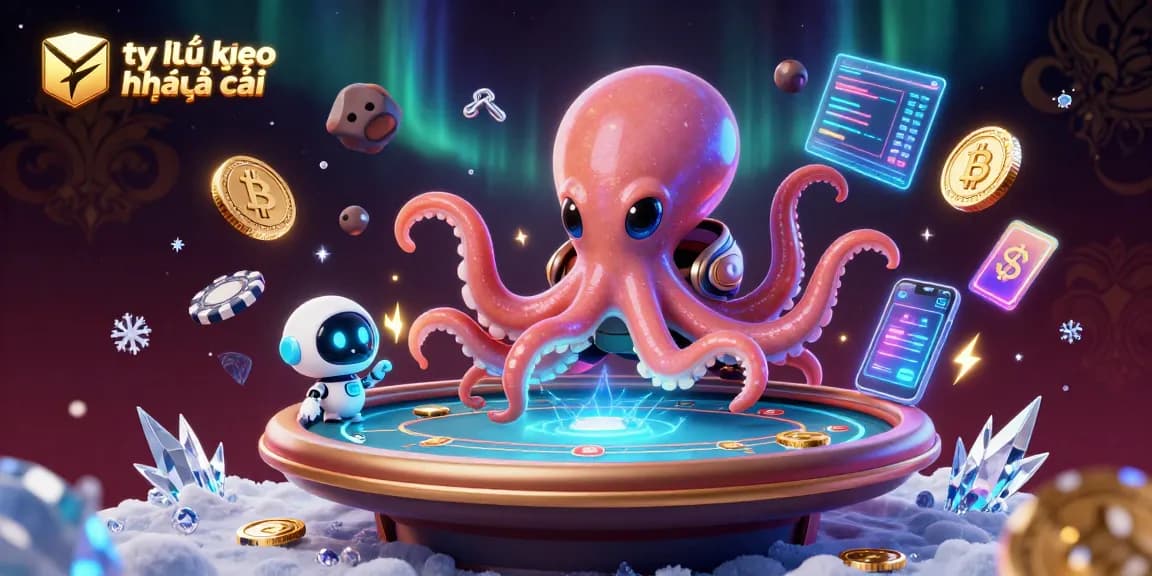 Bet on tỷ lệ kèo nhà cái with a vibrant 3D illustration featuring a cosmic octopus and holographic elements.