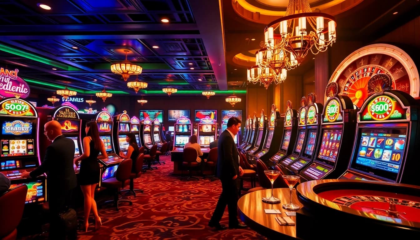 Slot players engaging with vibrant machines in a luxurious casino setting, surrounded by excitement.