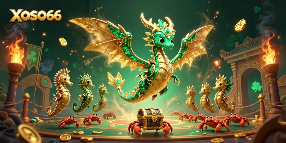 Experience the magic of XOSO66's vibrant gaming world with an enchanting sea dragon and treasure scene.