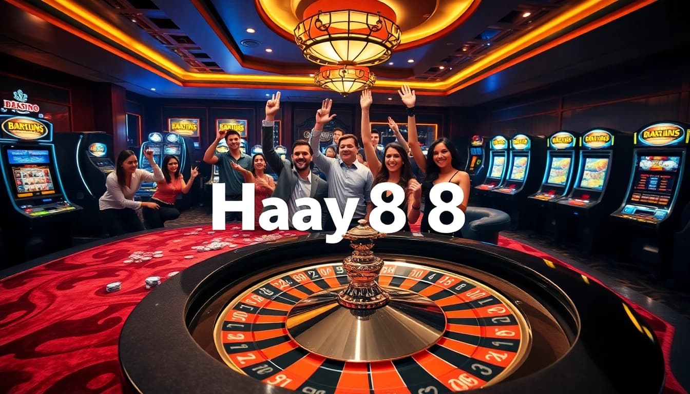 Exciting scene of gamblers enjoying Hay88's luxurious casino atmosphere.