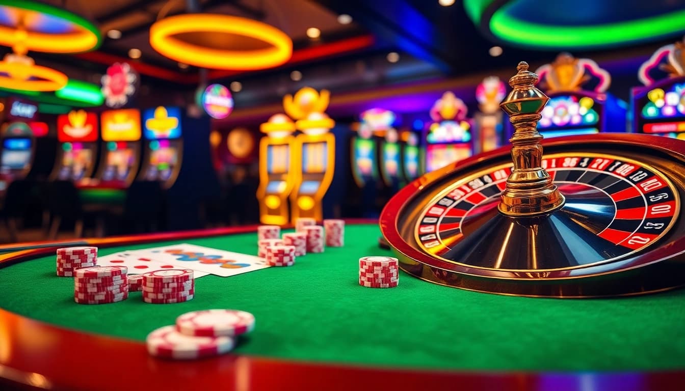 Experience high-stakes excitement at Goal123's luxurious gaming tables with vibrant poker chips and roulette.