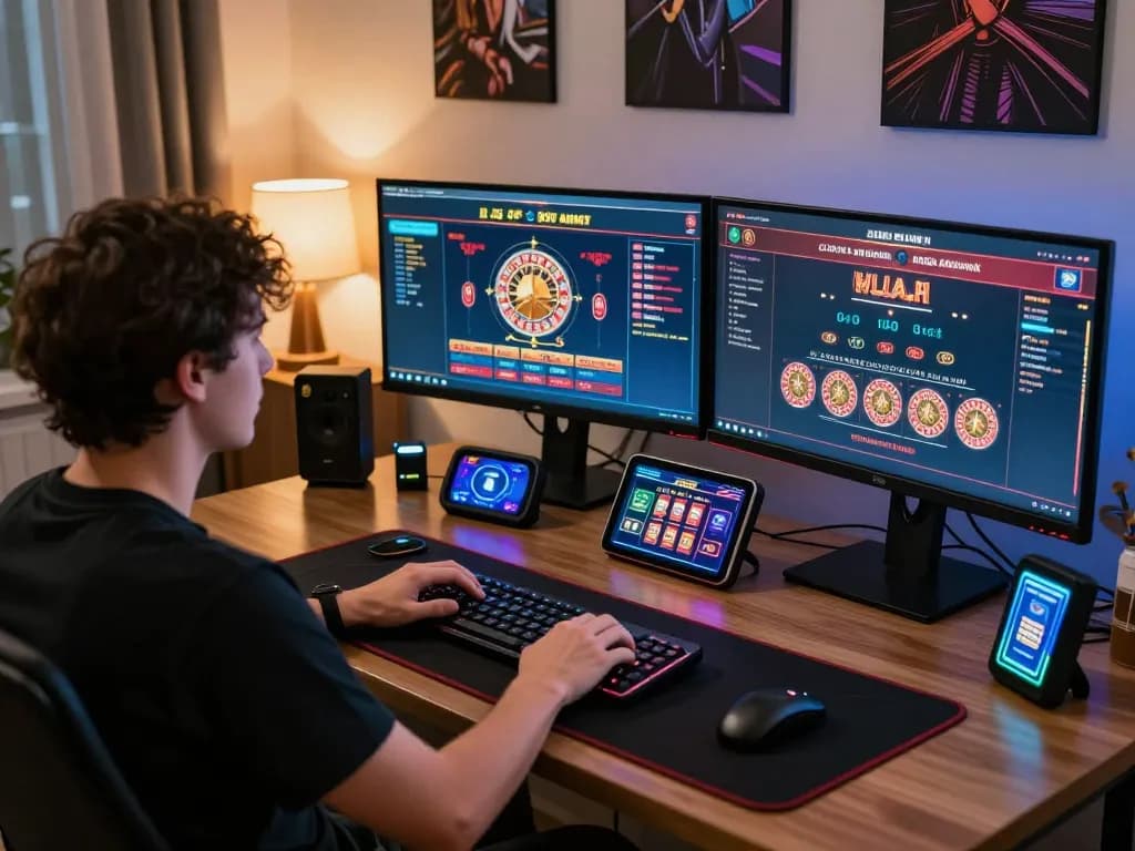 Engaging player immersed in gg88 online gaming experience with multiple screens.