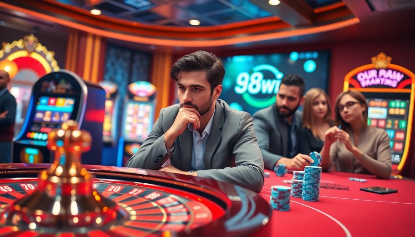 Experience the electrifying atmosphere of 98win casino with a vibrant roulette wheel and engaged gamblers.