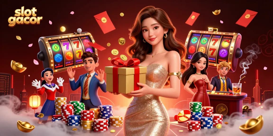 Experience the thrill of slot gacor with vibrant visuals and festive casino elements in this dynamic illustration.