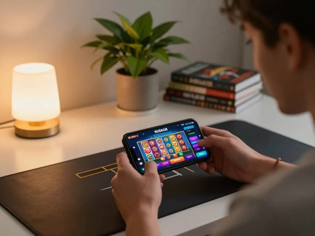 Pemain NUSA138 menikmati permainan kasino online di smartphone dalam suasana rumah yang nyaman